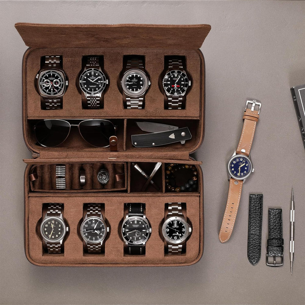 ROTHWELL 8 Watch Travel Case Storage Organizer for 8 Watches, Sunglasses, Rings & Cufflinks |Tough Portable Protection with Zipper Fits Most Wristwatches & Smart Watches Up to 50mm (Tan/Brown)