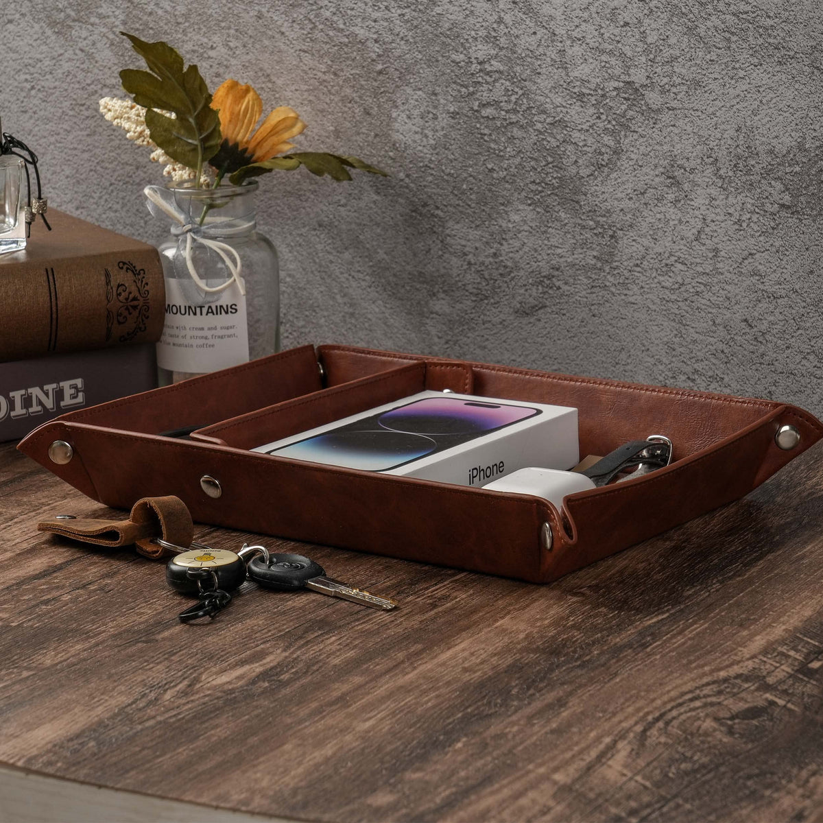 JUOOE Husband Birthday Gift for Husband PU Leather Tray Unique Anniversary Birthday Gifts from Wife Men Gift Ideas for Him (Brown for Husband)