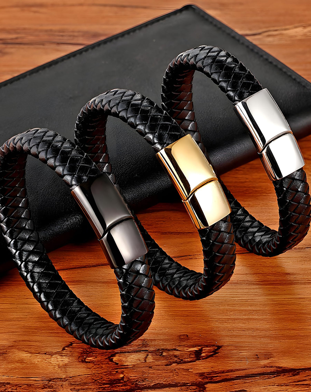 Deerllia Leather Bracelet for Men, Braided Cuff with Stainless Steel Clasp Stacked Multi Style Color Anniversary Father's Day Birthday Christmas Jewelry Gifts for Him, Black Clasp Black Leather